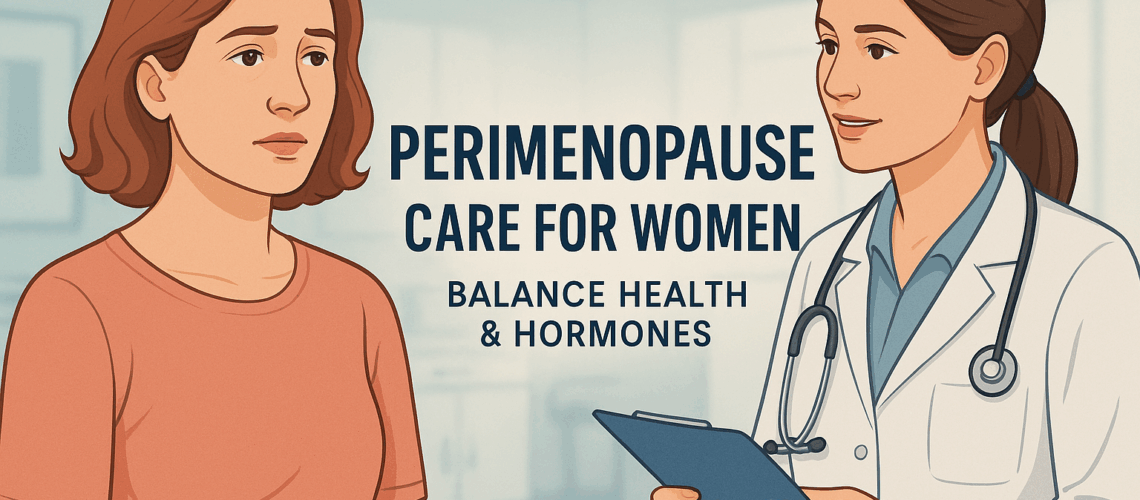 Perimenopause care illustration showing a woman consulting a gynecologist for hormonal and health support