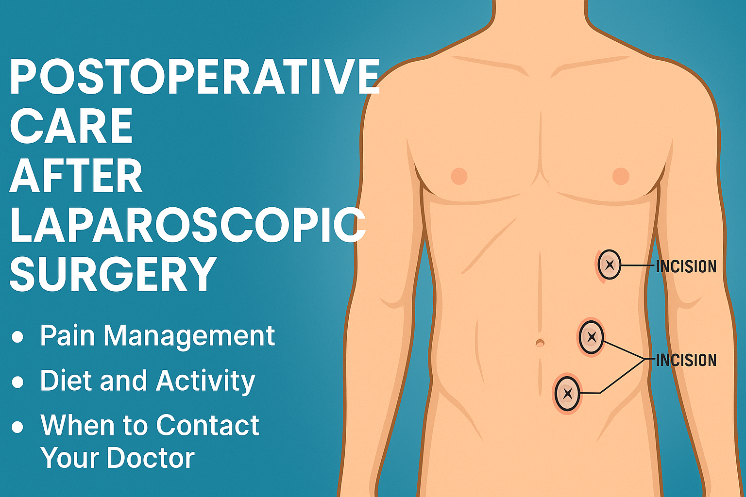 Infographic explaining Postoperative Care After Laparoscopic Surgery with incision diagram and key recovery steps on a blue medical background.