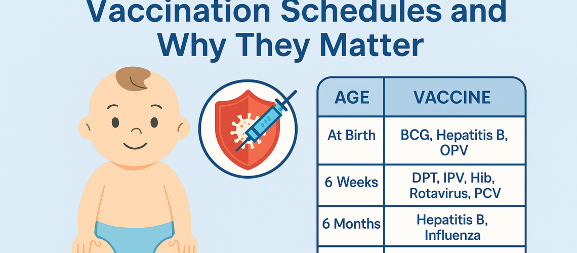 Infographic showing a child vaccination schedule with a baby illustration, vaccine timeline chart, and icons representing immunization, titled ‘A Complete Guide to Child Vaccination Schedules and Why They Matter.’