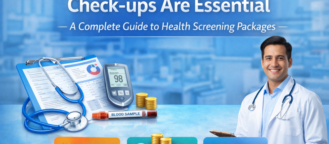 Preventive health check-ups guide showing doctor, medical reports, blood test sample, and diagnostic tools highlighting early disease detection and health screening
