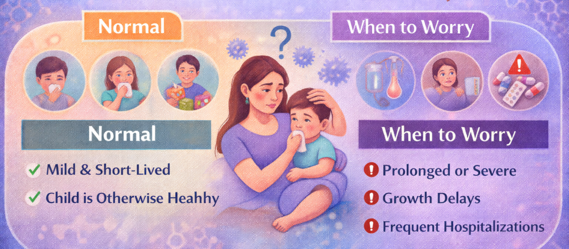 Frequent infections in children explained through an infographic showing normal childhood illnesses versus warning signs that require pediatric care.