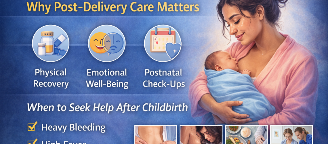Illustration showing the fourth trimester after childbirth, highlighting post-delivery care, physical recovery, emotional well-being, and postnatal check-ups for new mothers.
