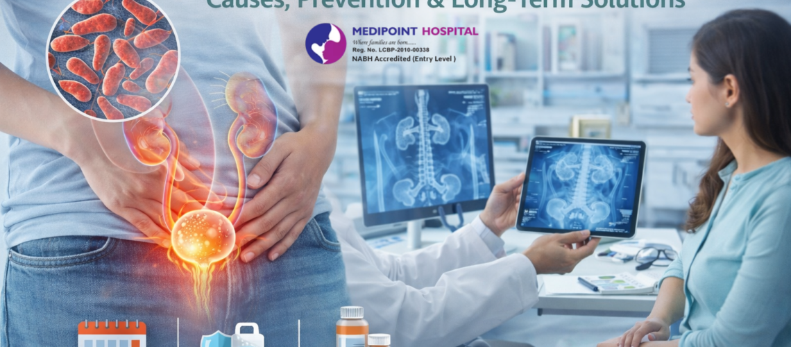 Recurrent urinary tract infections featured image showing bladder inflammation illustration and urologist consulting patient with kidney scan in clinic.
