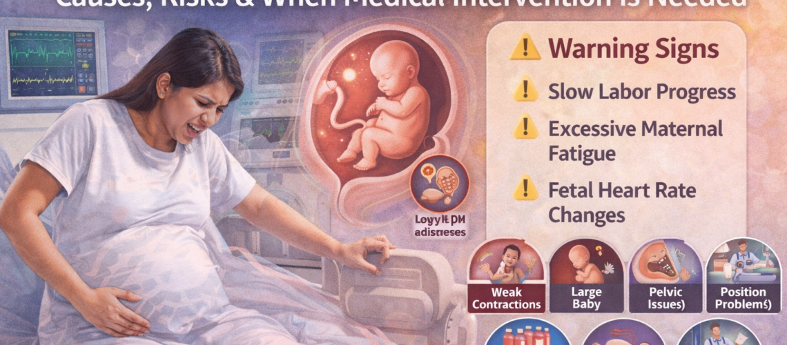 Prolonged labor in pregnancy infographic showing causes, warning signs, fetal distress monitoring, and a woman experiencing difficult labor.