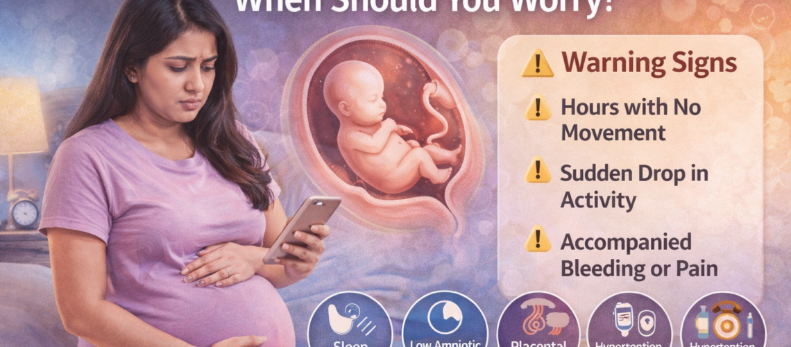 Reduced baby movements in pregnancy infographic showing warning signs, fetal monitoring visuals, and a concerned pregnant woman checking her phone.