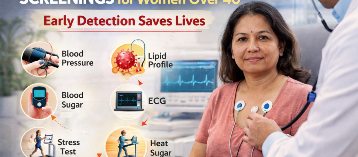 Indian woman over 40 undergoing ECG heart screening by a doctor in a hospital clinic, highlighting essential heart health screenings including blood pressure, lipid profile, blood sugar, ECG, and stress test.