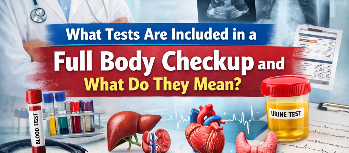 Doctor with diagnostic reports and medical visuals including blood tests, X-ray, ultrasound, heart, liver, kidney, thyroid, and urine test representing full body checkup tests and their meaning.