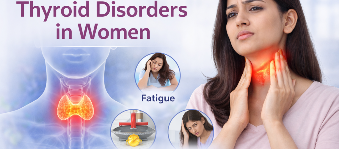 Indian woman holding her neck with highlighted thyroid gland illustration showing thyroid disorders in women, including symptoms like fatigue, weight changes, and hormonal imbalance.